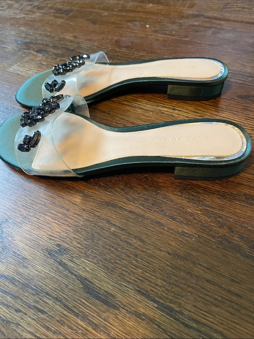 Zara Emerald Slide Sandals with Clear Jeweled Strap - Picture 2 of 2